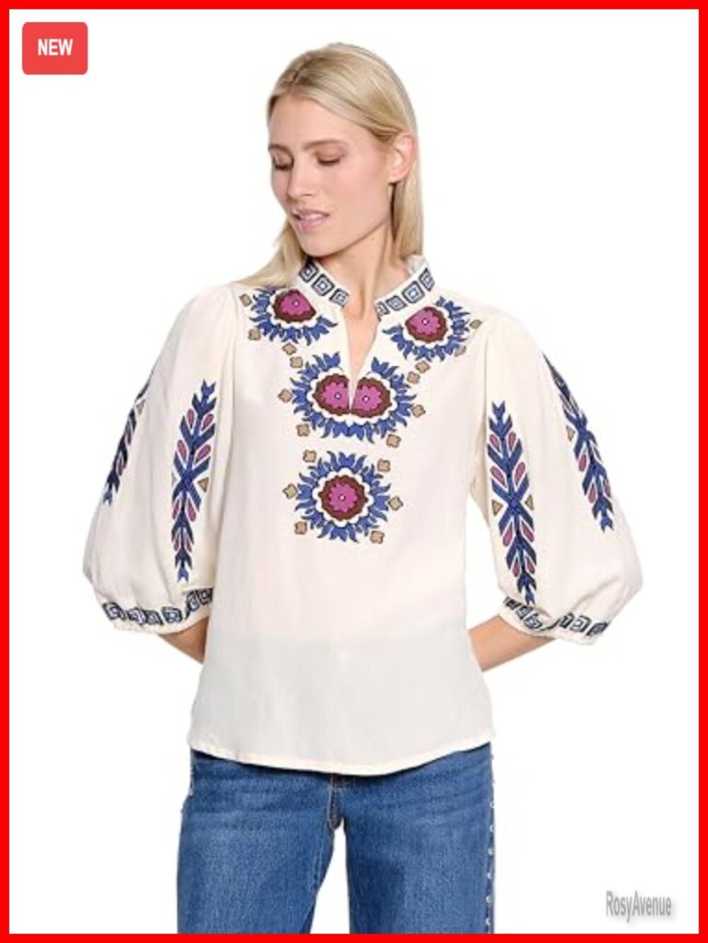 Linen Rayon Tunic Top 3/4 Sleeve Split Neck Embroidery Women's